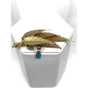 Vintage Gold Leaves Brooch with Blue Miraculous Medal Charm